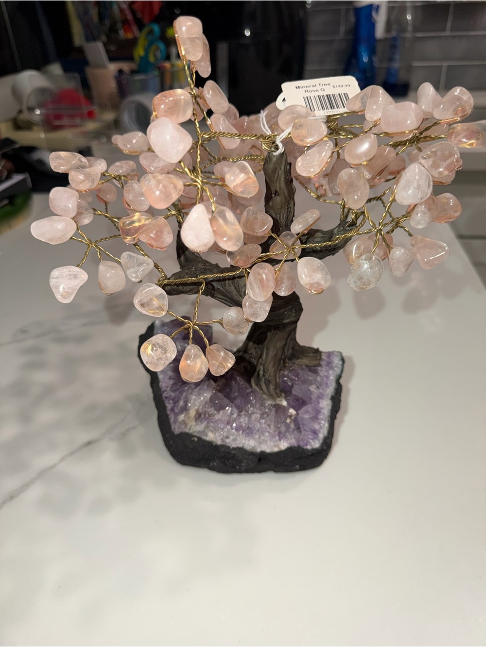 Rose Quartz Gemstone Bonsai Tree on Amethyst Base - Pink Home Art